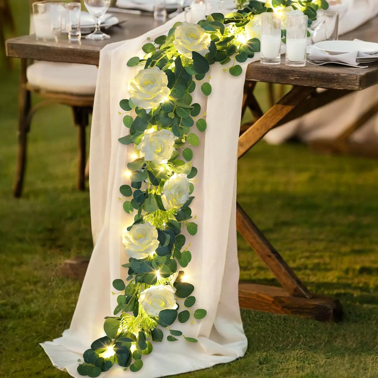 6.6FT Eucalyptus Garland with Lights Spring Baby Breath Flower Garland with 12 White Roses Artificial Floral Greenery Vine for Table Arch Backdrop Wedding Valentines Day Decorations